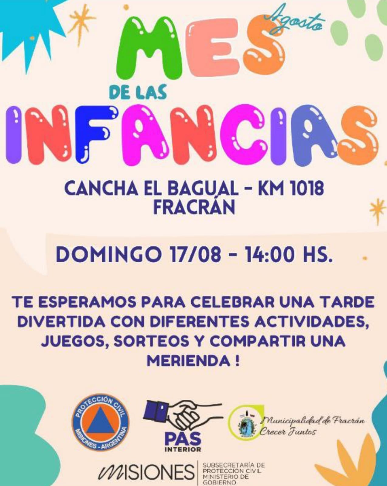 Flyer oficial de la invitación a la celebración del Mes de las Infancias, por parte del Municipio de Fracrán.