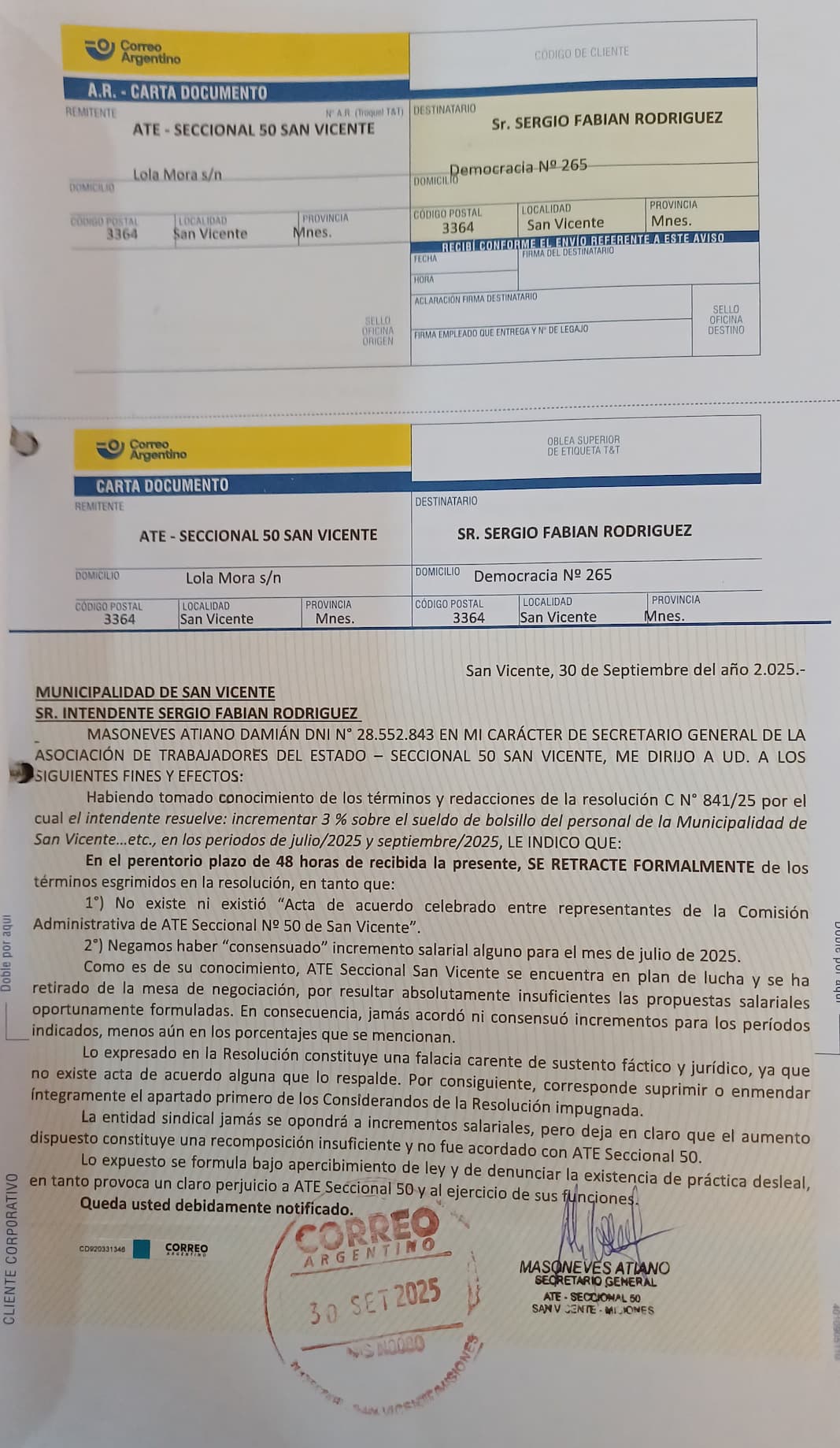 Carta Documento de ATE a la Municipalidad
