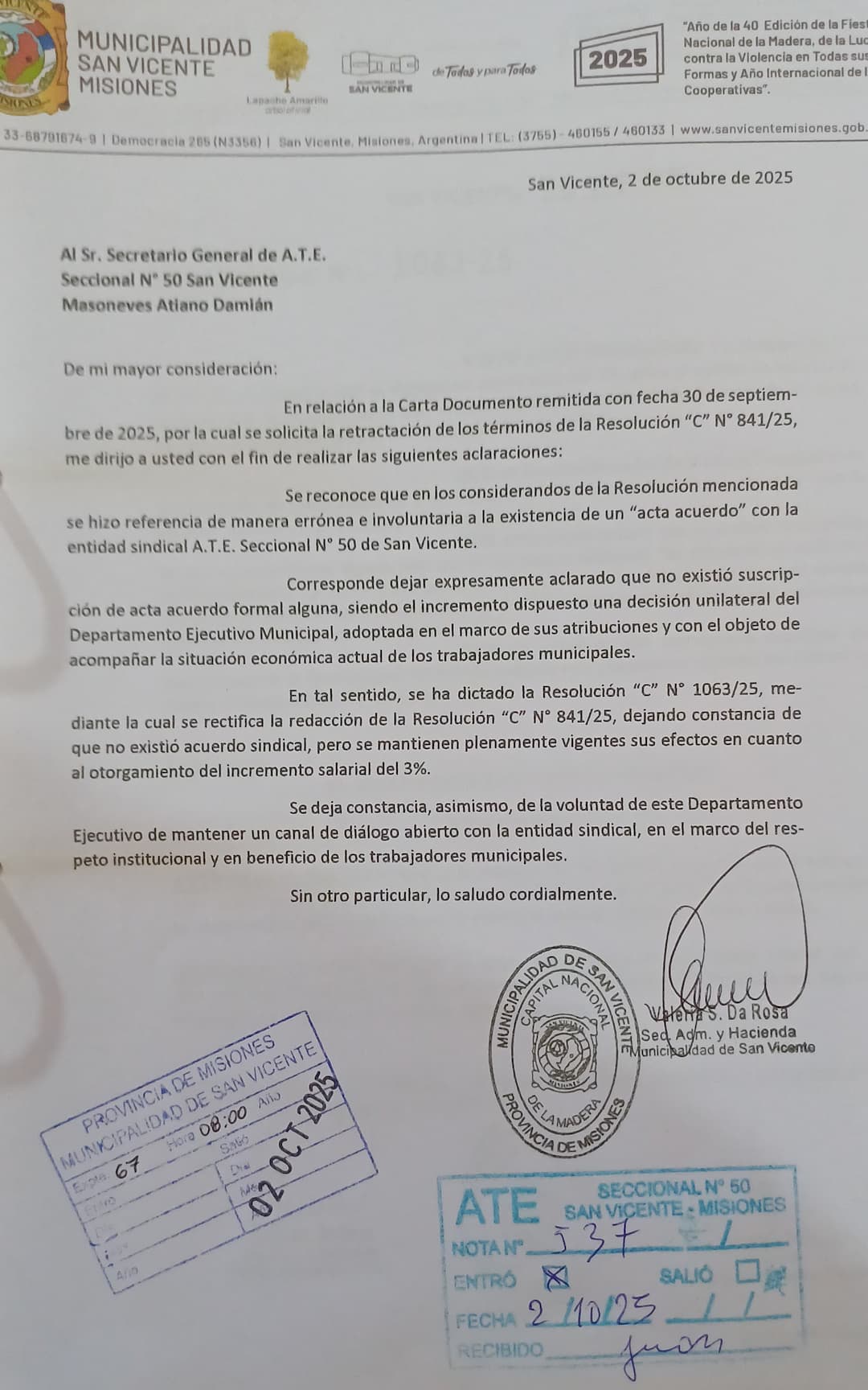 Nota del 2 de octubre reconociendo el error