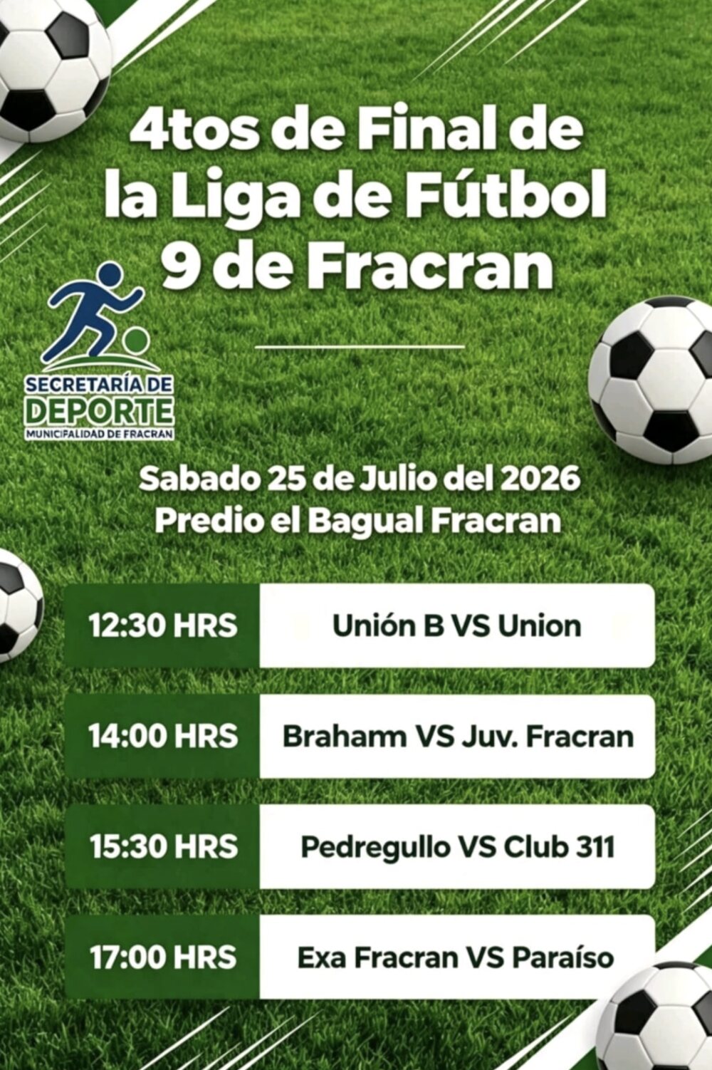 Flyer oficial con los cuatro partidos de cuartos de final de la Liga de Fútbol 9 del sábado 25 de julio en el predio El Bagual.