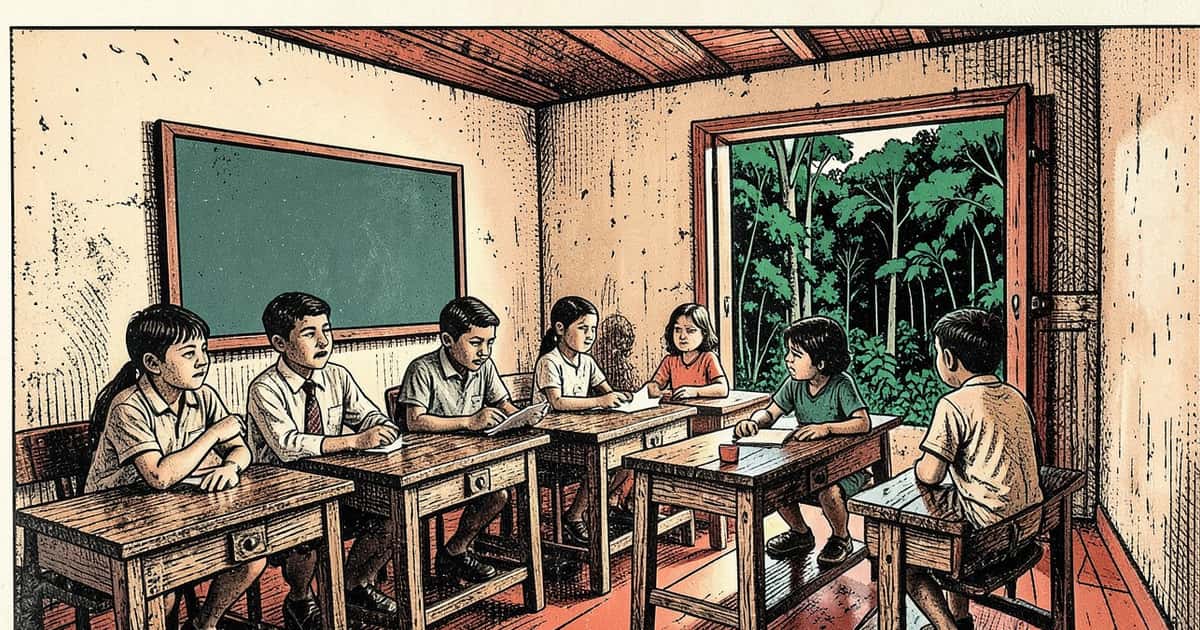 Ilustración editorial de portada sobre Educación primaria en Misiones: estancada desde hace 10 años
