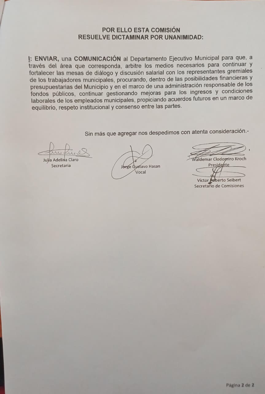 Documento impreso con la parte resolutiva del dictamen del Concejo Deliberante de San Vicente y cuatro firmas manuscritas al pie.
